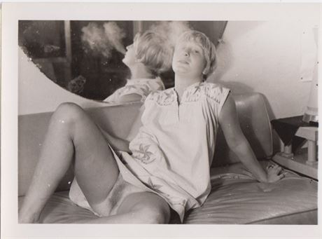 Blonde Woman Spread Eagle Smoking on Couch, B&W Adult Nude 4x5" Photo 070725-D1-33