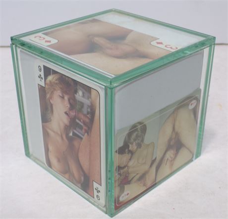 5 Vintage Photographic Adult Playing Cards in Thick Glass 4" Cube Display 052025WT