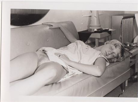 Busty Woman Legs Spread on Couch, B&W Adult Nude 4x5" Photo 070725-D1-36