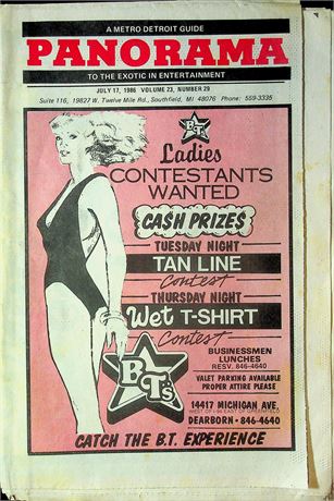 Panorama Detroit Tour Guide Magazine BT's Tan Line & Wet T-Shirt Contest July 17, 1986 101025RP-