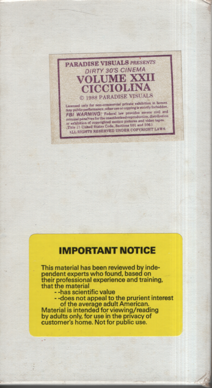 Straight VHS Dirty 30's Cinema Volume XXII Cicciolina 1988 Paradise Visuals 110323EBVHS