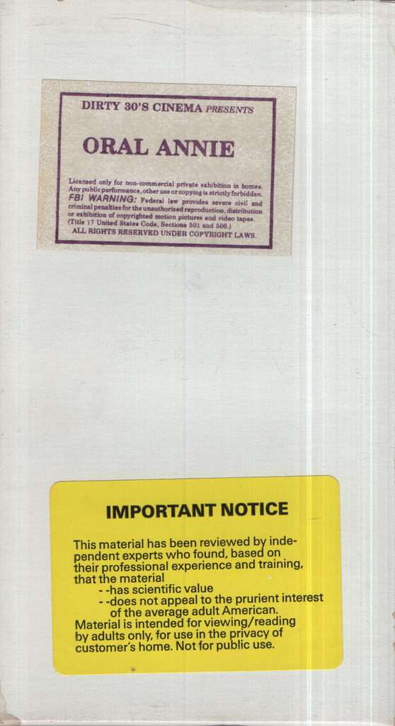 Dirty 30's Cinema Oral Annie Paradise Visuals Straight VHS 1980s 041624EBVHS3