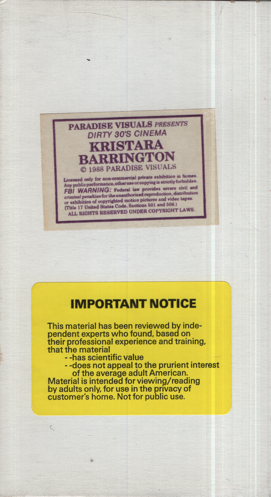 Dirty 30's Cinema Kristara Barrington Paradise Visuals Straight VHS 1988 041624EBVHS3
