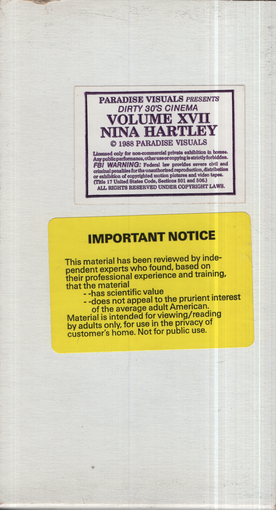 Dirty 30's Cinema Volume XVII Nina Hartley Paradise Visuals Straight VHS 1988 041624EBVHS3