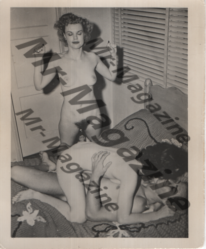 Adult Vintage B&W Pinup Photo 4"x5" Brunette Models Three-Way Beer Bottle RS-70