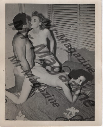 Adult Vintage B&W Pinup Photo 4"x5" Brunette & Blonde Models Three-Way Vaginal Sex RS-92