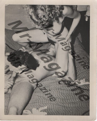 Adult Vintage B&W Pinup Photo 4"x5" Brunette & Blonde Models Oral Three-Way RS-98