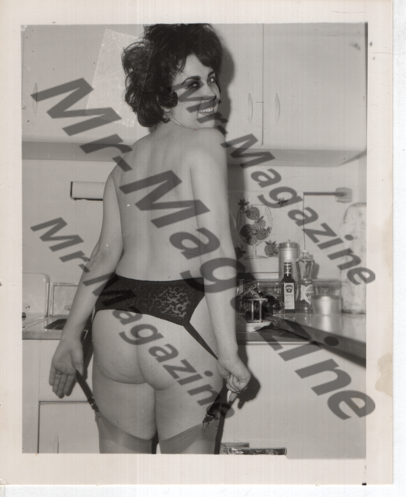 Adult Vintage B&W Pinup Photo 4"x5" Brunette Lingerie Model Kitchen Striptease RZ-85