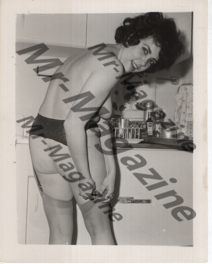 Adult Vintage B&W Pinup Photo 4"x5" Brunette Lingerie Model Kitchen Striptease RZ-86