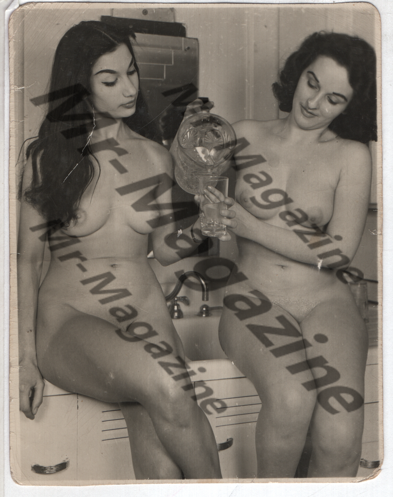 Adult Vintage B&W Pinup Photo 4.5"x3.5" Lesbian Interest Brunette Nude Models Kitchen Scene CD-38