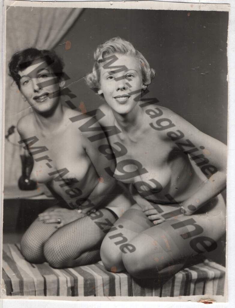 Adult Vintage B&W Pinup Photo 4"x5" Lesbian Interest Brunette & Blonde Nude Models Nylons Fishnet Stockings CD-51