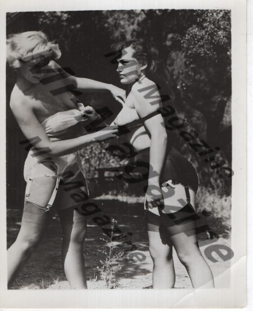 Adult Vintage B&W Pinup Photo 4"x5" Lesbian Interest Blonde & Brunette Nude Models Scuffle CG-02