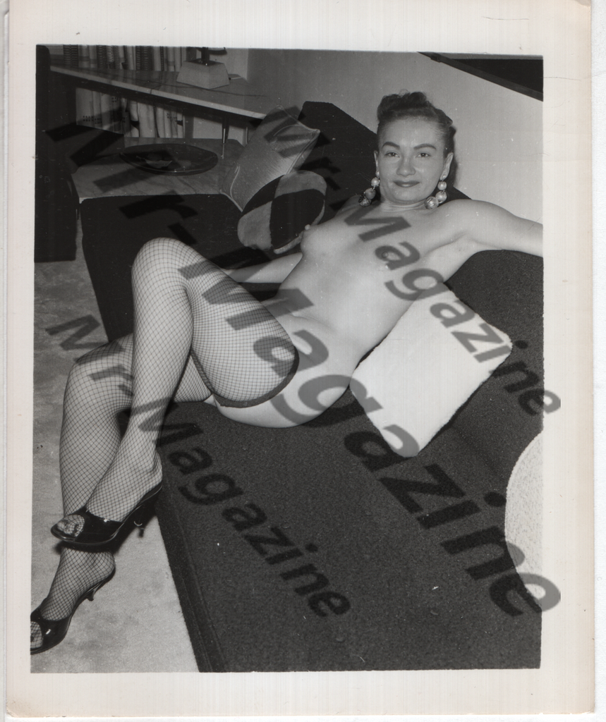 Adult Vintage B&W Pinup Photo 4"x5" Brunette Nude Model Fishnet Stockings High Heels CF-81