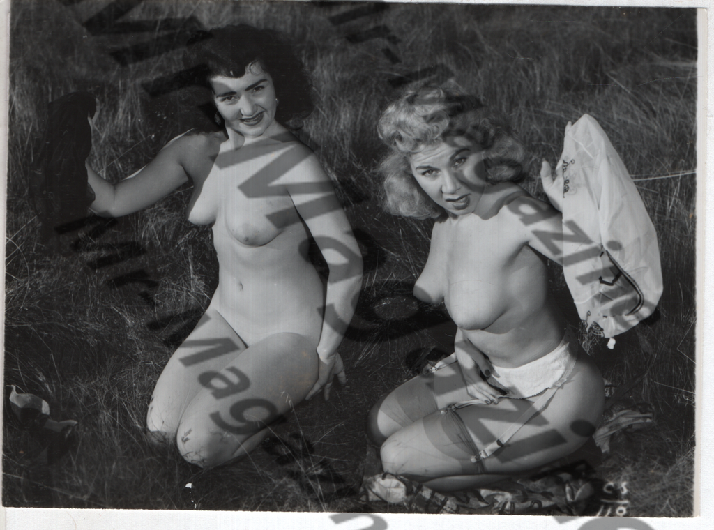 Adult Vintage B&W Pinup Photo 4"x3.5" Brunette & Blonde Nude Models Outdoors CG-62