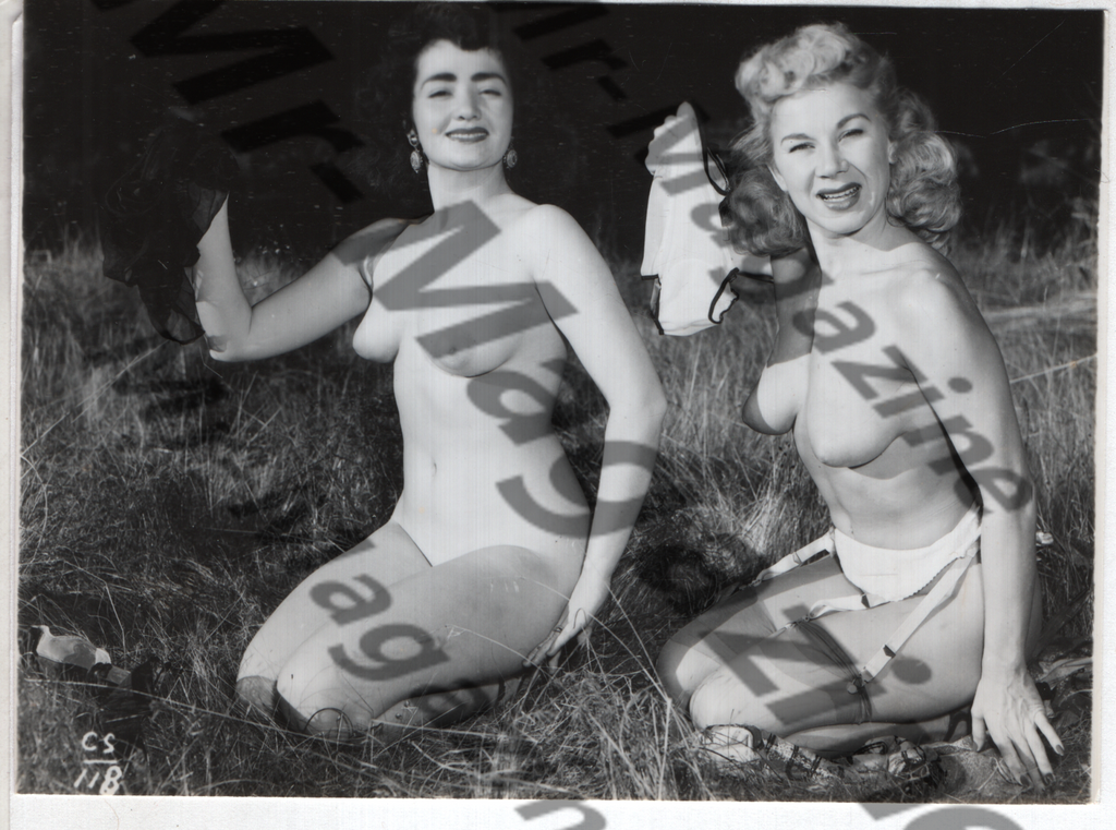 Adult Vintage B&W Pinup Photo 4"x3.5" Brunette & Blonde Nude Models Outdoors CG-63