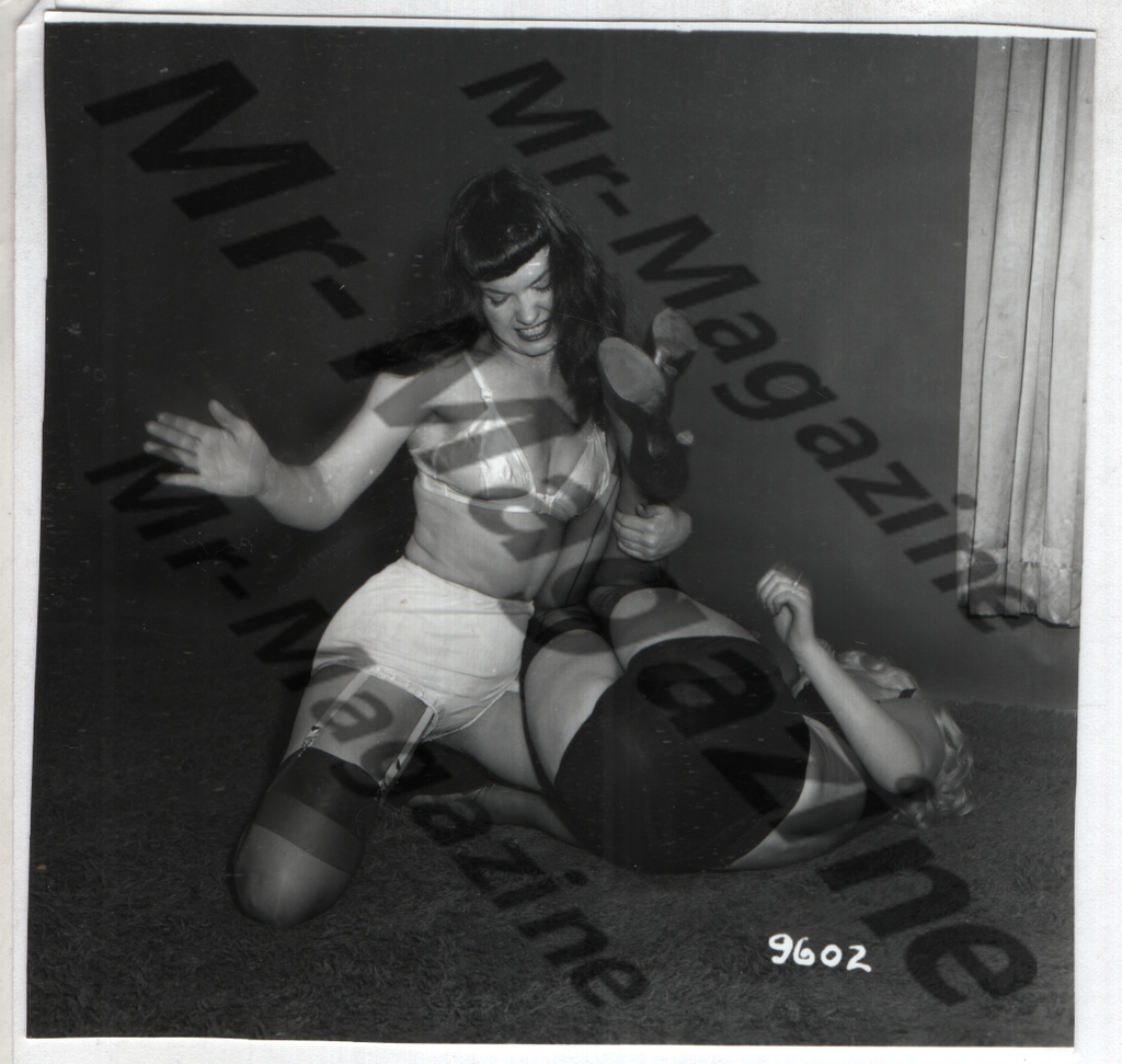 Adult Vintage B&W Pinup Photo 3"x3" Lesbian Interest BDSM Bettie Page & Blonde Lingerie Model Spanking CH-48