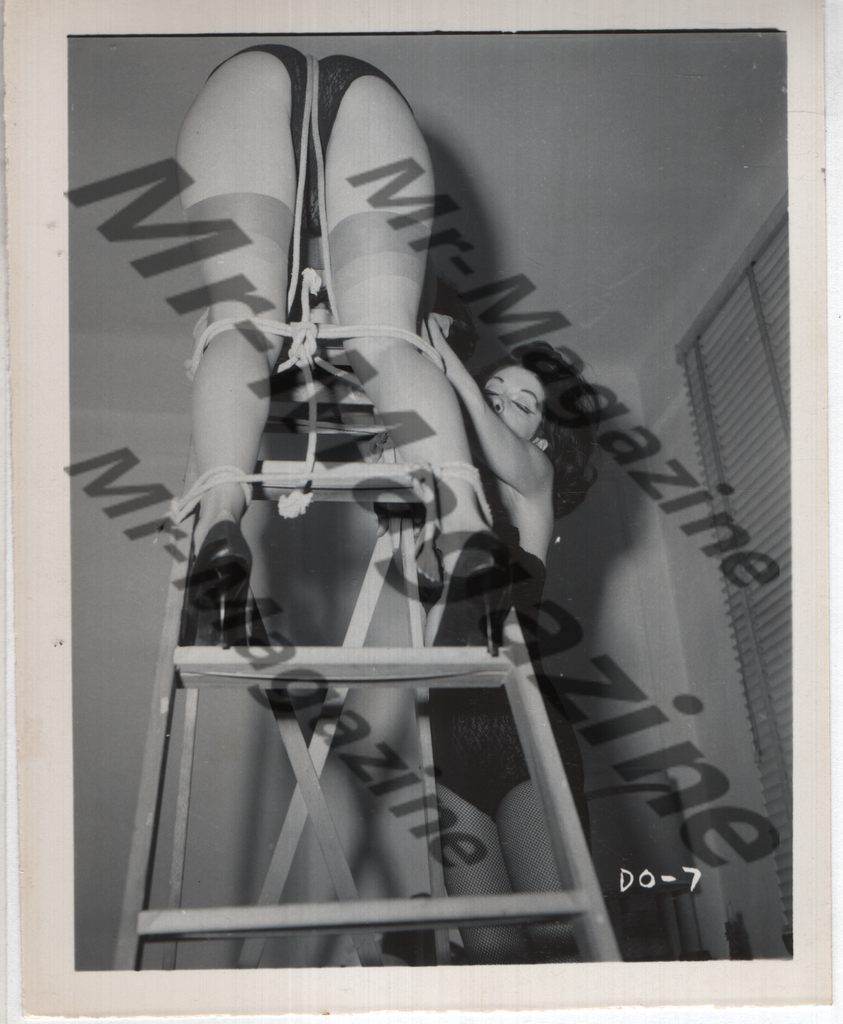 Adult Vintage B&W Pinup Photo 3.5"x4.5" BDSM Lesbian Interest Brunette Lingerie Model Tied To Ladder CH-63