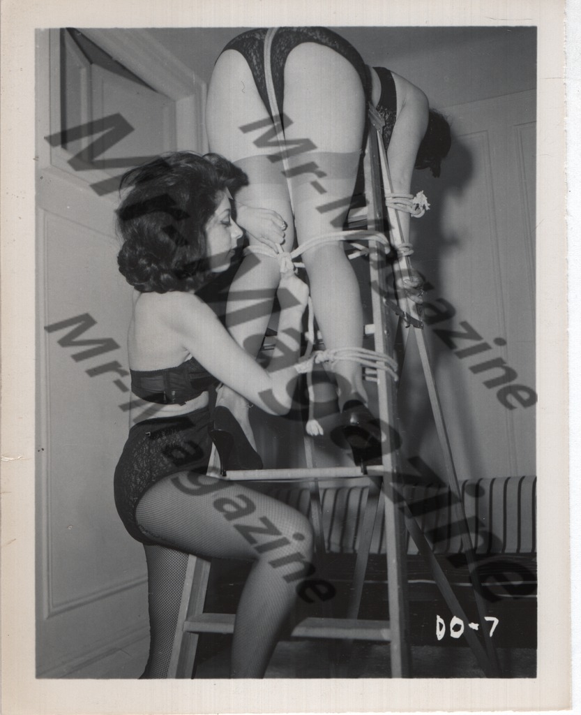 Adult Vintage B&W Pinup Photo 4"x5" BDSM Lesbian Interest Brunette Lingerie Models Tied To Ladder CH-78