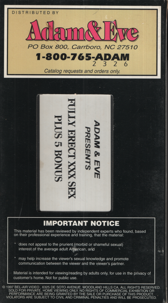 Fully Erect XXX Sex Plus 5 Bonus Adam & Eve VHS 071524EBVHS2