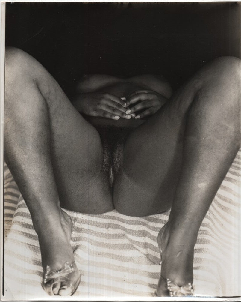 Ebony Pussy Lips, Pubic Hair Large Bare Breasts Erect Nipples in High Heels  8"x10" B&W Adult Photograph 020926AKPH-A7
