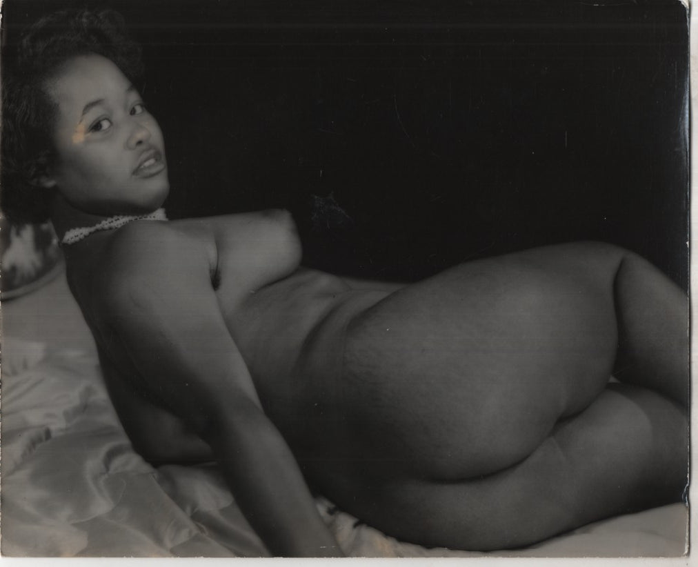 Ebony Woman Lying Down With Ass and Breast Exposed Wearing Choker 8"x10" B&W Adult Photograph 020926AKPH-A23