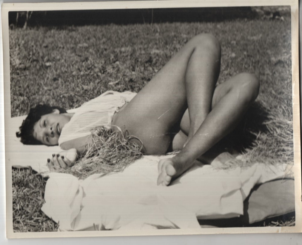 Ebony Barefoot No Panties Lying Down Outside Presenting Thighs and Ass 8"x10" B&W Adult Photograph 020926AKPH-A27