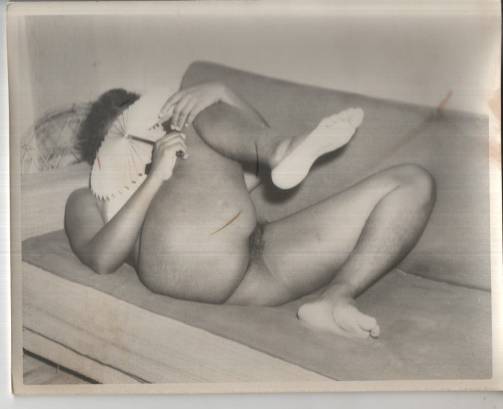 Ebony Legs Spread on Couch Presenting Pussy and Bush 8"x10" B&W Adult Photograph 020926AKPH-A29