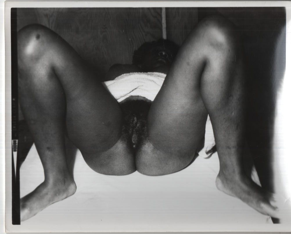 Ebony Legs Spread Lying Back Presenting Hairy Wet Pussy 8"x10" B&W Adult Photograph 020926AKPH-A32