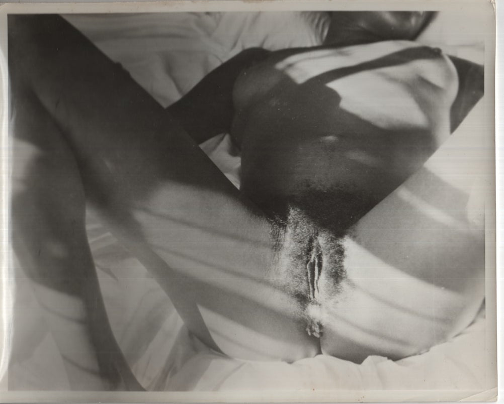 Ebony Legs Spread Lying Back Presenting Hairy Pussy, Breasts and Asshole 8"x10" B&W Adult Photograph 020926AKPH-A33