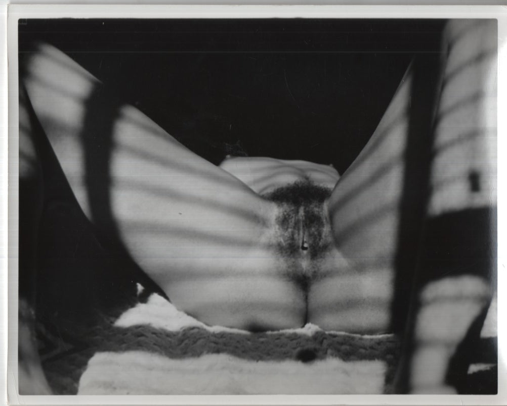 Ebony Legs Spread Lying Back Presenting Hairy Pussy Lips Parted, Nipples Erect 8"x10" B&W Adult Photograph 020926AKPH-A34