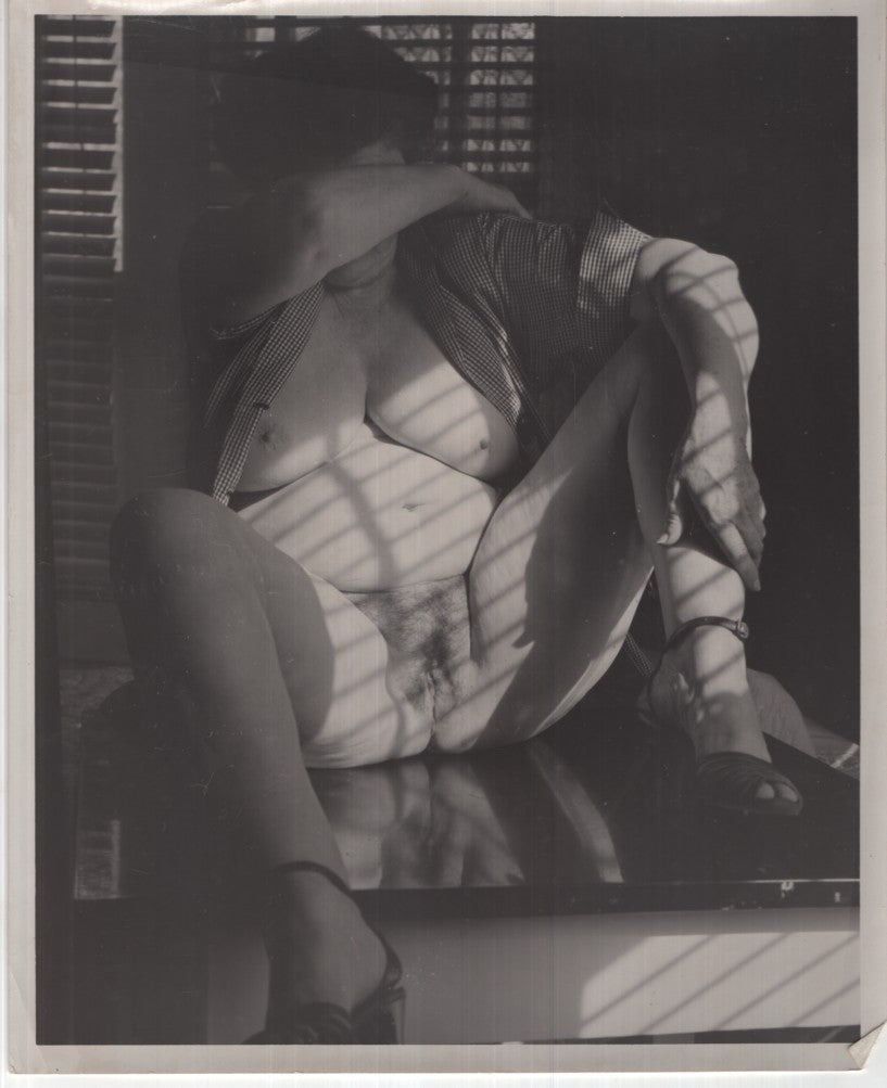 Older Woman Legs Spread on Table Presenting Pussy and Large Breasts Wearing Dress Sandals 8"x10" B&W Adult Photograph 020926AKPH-A49