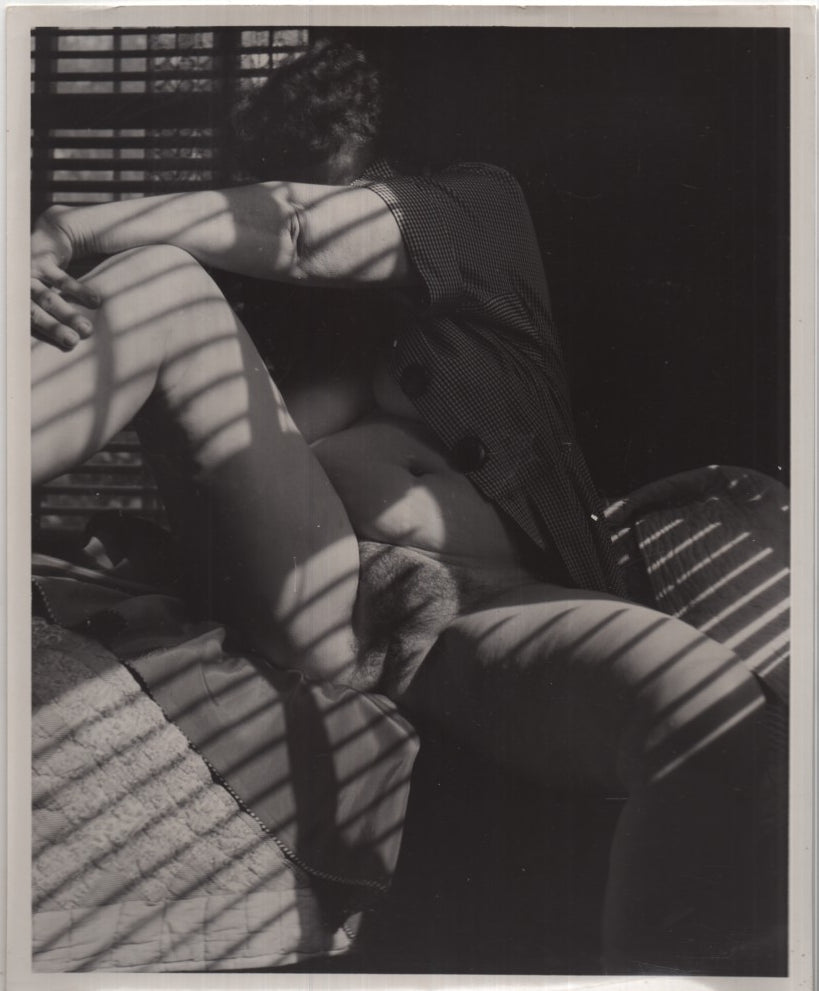 Woman Stretching Legs Presenting Pussy Black Pubic Hair Unbuttoned Dress Shirt 8"x10" B&W 1950s Vintage Adult Photograph 012726AKP-A69