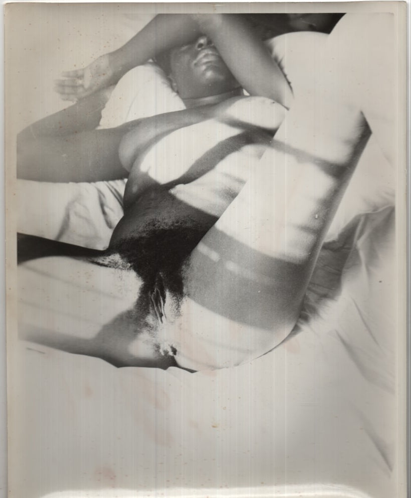 Ebony Lying Fully Nude on Bed Legs Spread Presenting Pussy and Asshole Bare Breasts 8"x10" B&W 1950s Vintage Adult Photograph 020926AKPH-A61