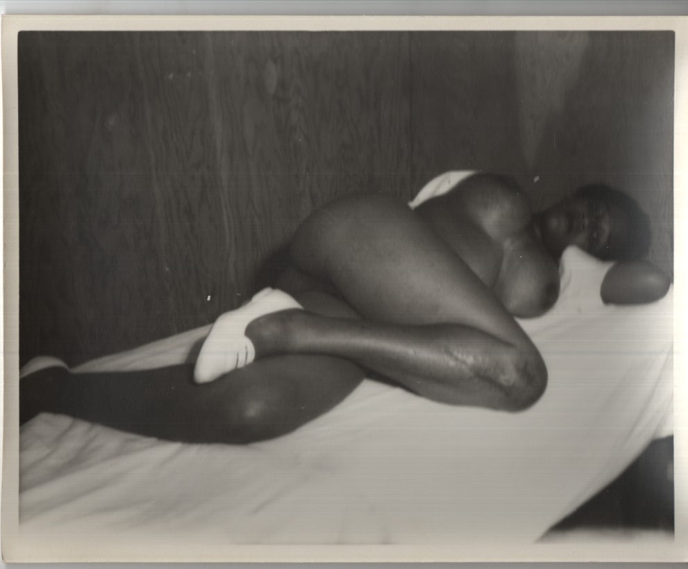 Ebony Lying on Bed in White Slippers Large Breasts 8"x10" B&W 1950s Vintage Adult Photograph 020926AKPH-A81
