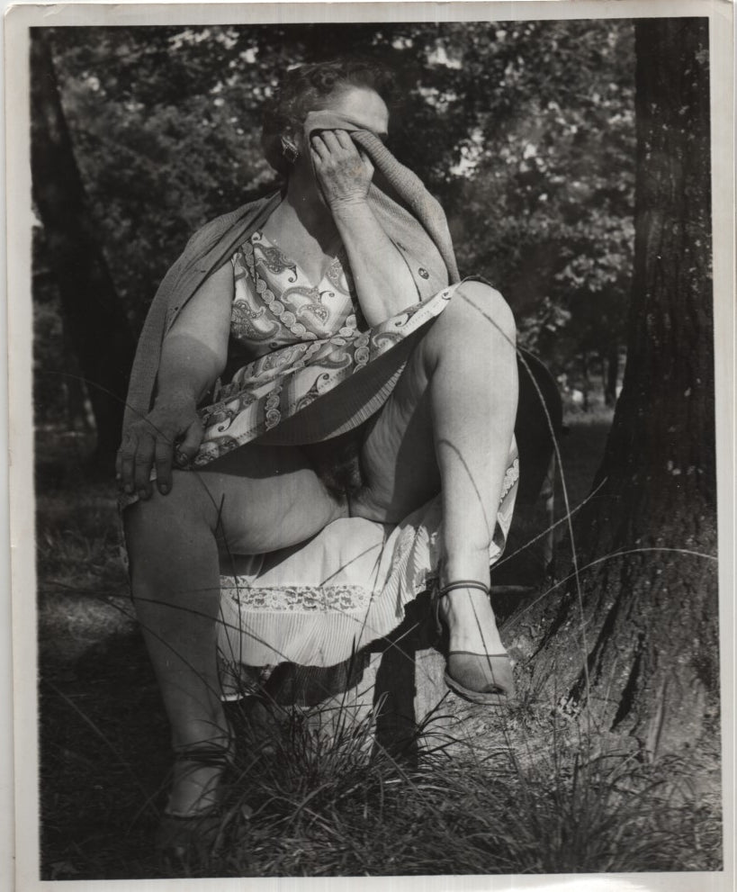 Older Woman Presenting Pussy Under Dress No Panties Wearing Dress Sandals 8"x10" B&W 1950s Vintage Adult Photograph 012726AKP-A68