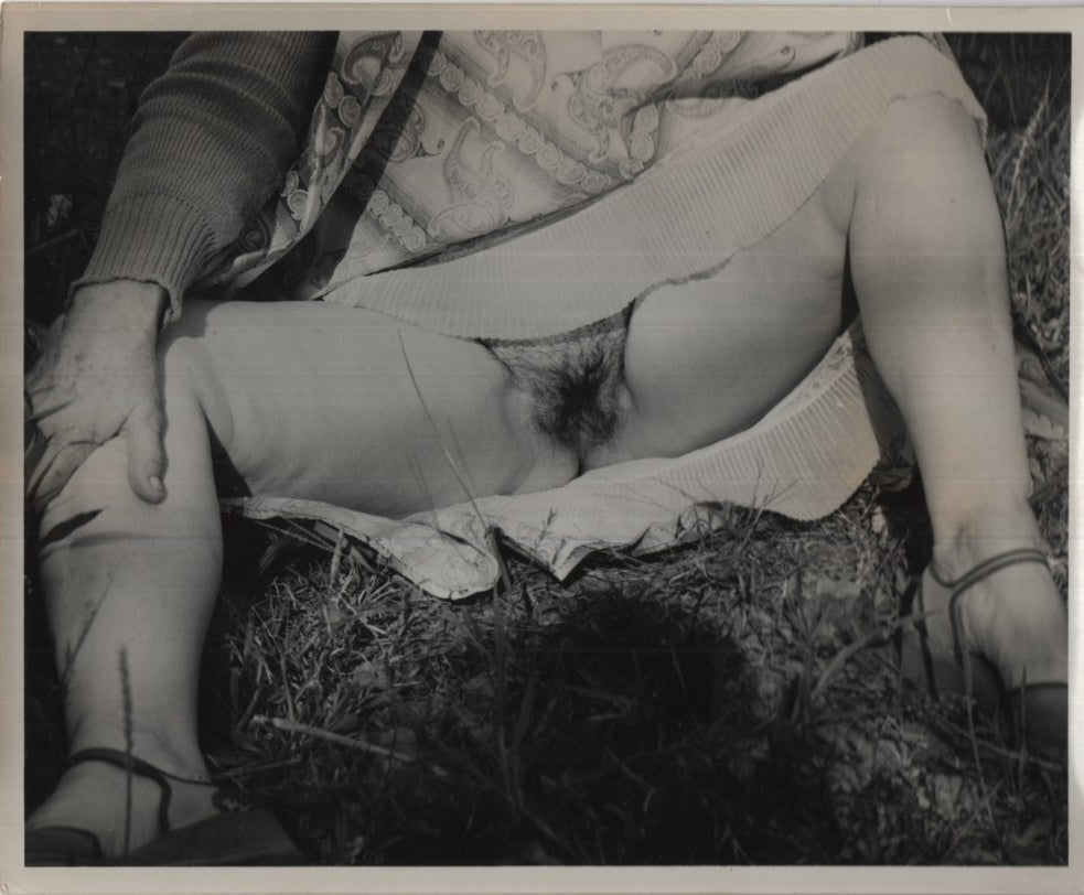 Presenting Pussy Outdoors Under Dress No Panties Wearing Dress Sandals 8"x10" B&W 1950s Vintage Adult Photograph 020926AKPH-A73