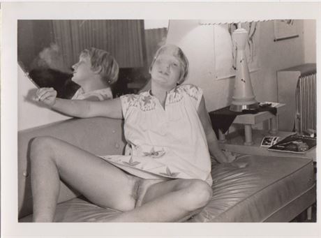 Blonde Woman Smoking Spread Eagle, B&W Adult Nude 4x5" Photo 070725-D1-31