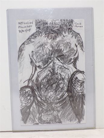 Carl Moras Playwright 2004 "Pot-Bellied Plumber" Risque Drawing 5x8" 052625WP-TO