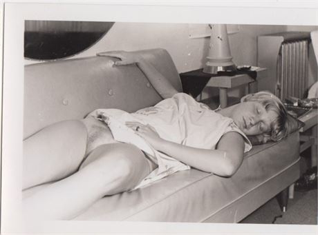 Blonde Sleeping on Couch Upskirt No Panties, B&W Adult Nude 4x5" Photo 070725-D1-35