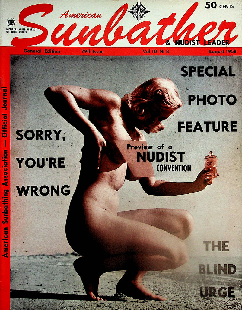 Sunbather Nudist Magazine  Nudist Convention  / The Blind Urge   vol.10 #87  August 1958  102624lm-p