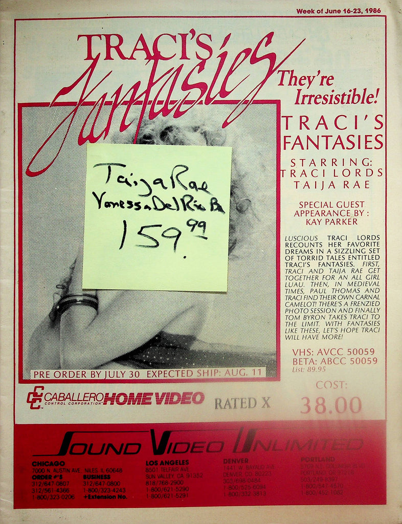 Traci's Fantasies Video Catalog   Taija Rae / Vanessa Del Rio  June 16-23 1986 Caballero Home Video   052625lm-p