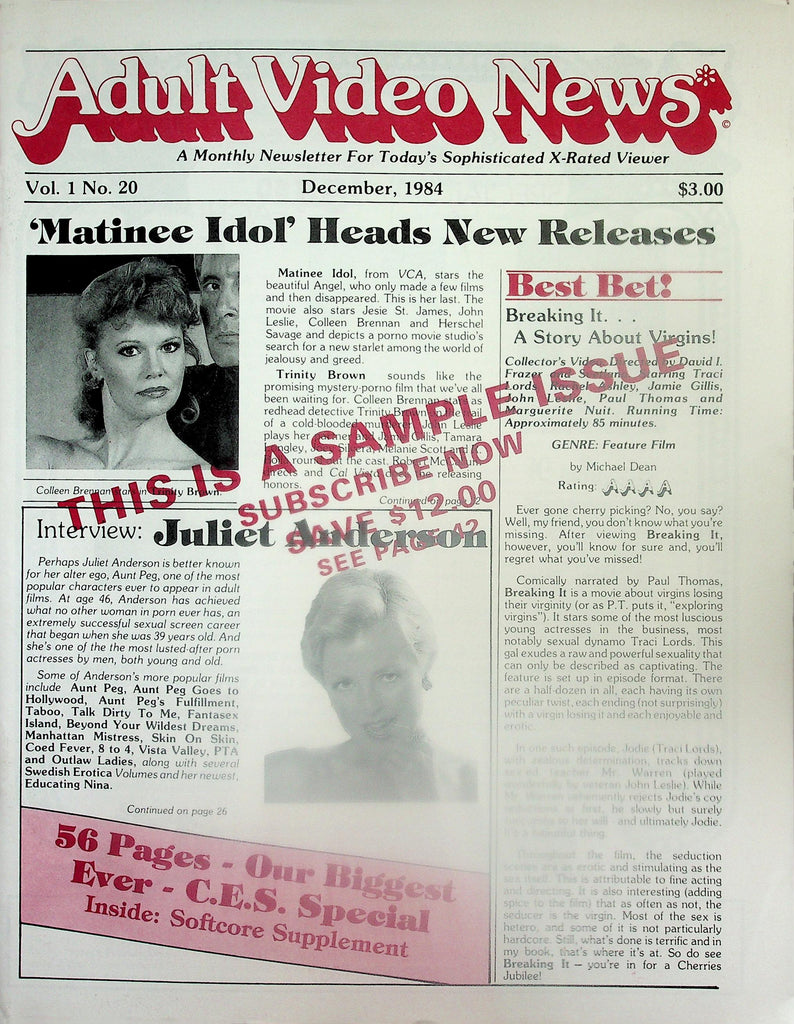 Adult Video News Monthly Newsletter  Sample Issue - Colleen Brennan / Juliet Anderson  vol.1 #20  December 1984   111525lm-p2