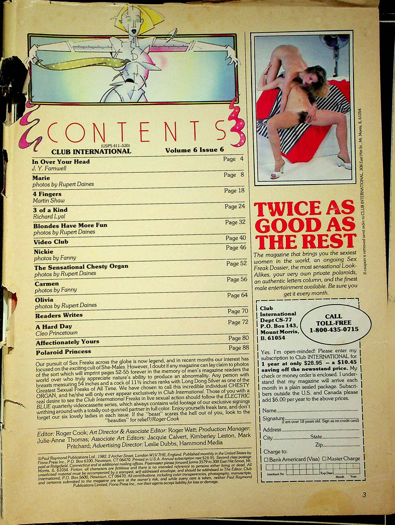 Club International Magazine Marie & Nickie 1982 good reading copy 072423RP