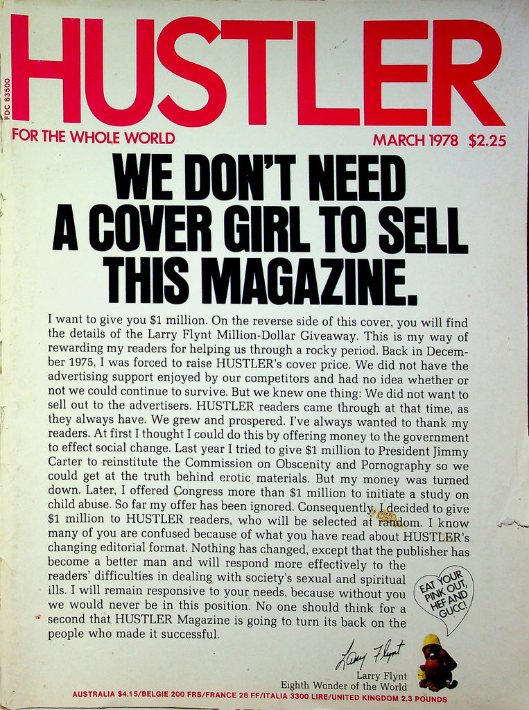 Hustler Magazine We Don't Need A Covergirl March 1978 good reading copy 082923RP