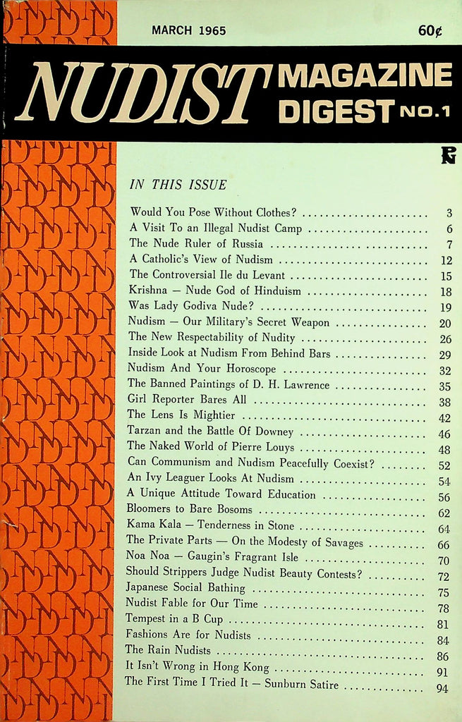 Nudist Digest Magazine  Bloomers To Bare Bosoms, The Rain Nudists, Nude God Of Hinduism and More!  March 1965    063026lmp-GSC