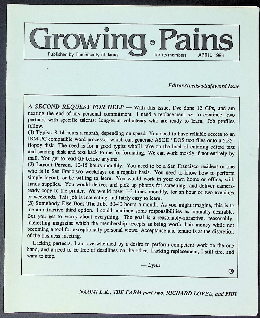 Growing Pains BDSM Digest April 1986 Society of Janus 010826AKP