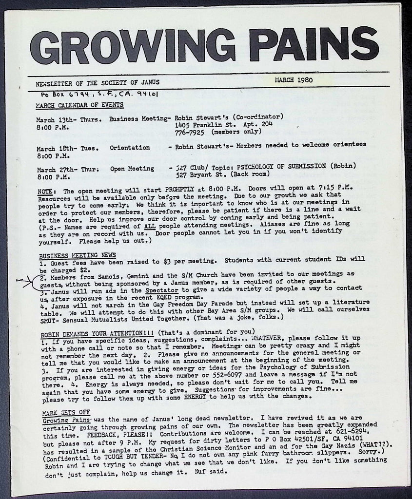 Growing Pains BDSM Digest March 1980 Society of Janus 010826AKP