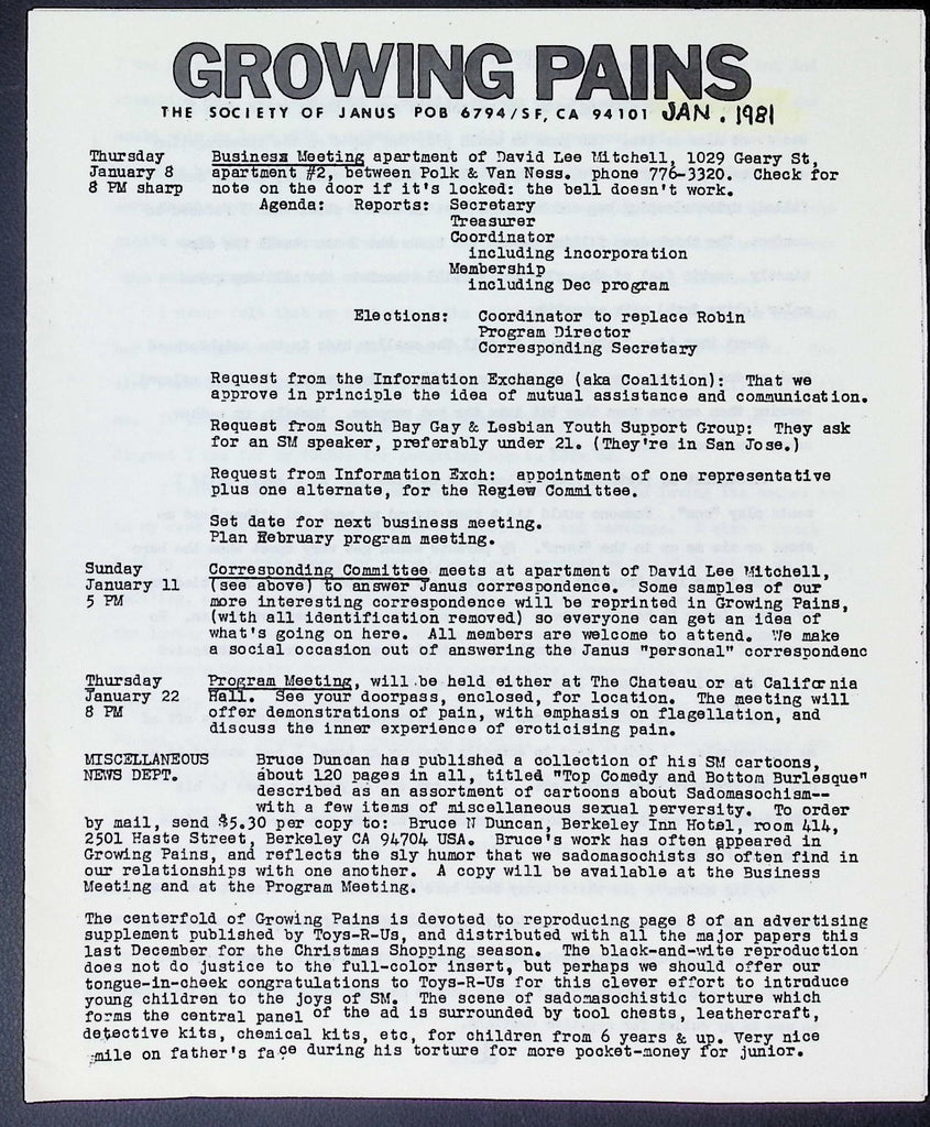Growing Pains BDSM Digest January 1981 Society of Janus 010826AKP