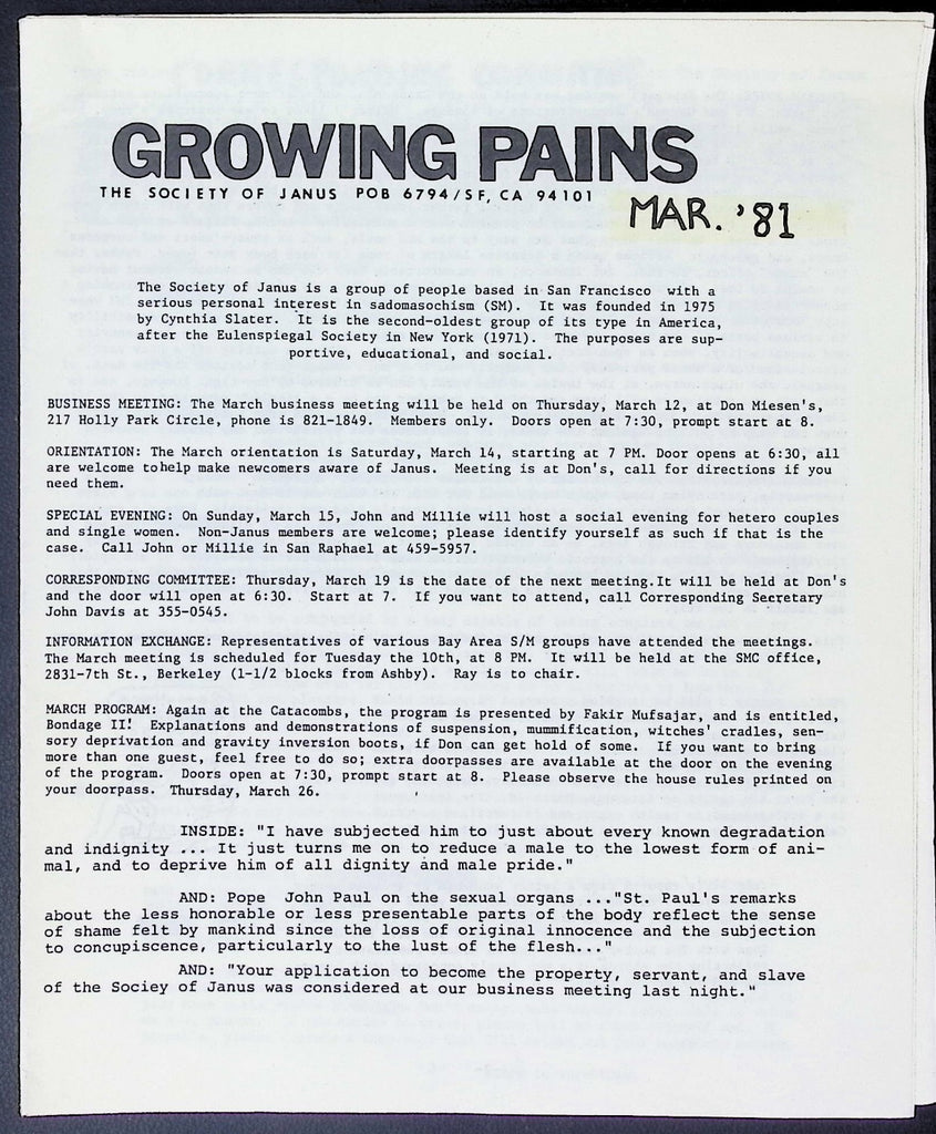Growing Pains BDSM Digest March 1981 Society of Janus 010826AKP