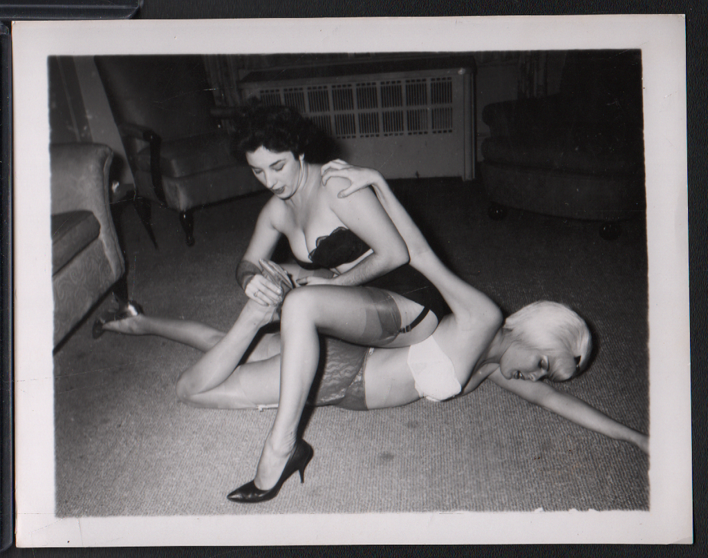 1950s Pinup B&W Risque Photo 4"x5" Women Wrestling Sexy Cheesecake AB79